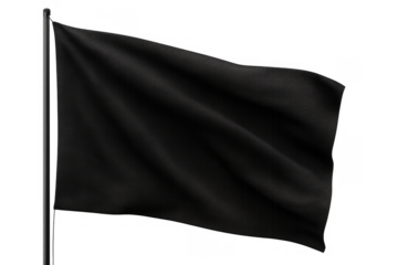 Blank black flag waving on flagpole in wind, symbolizing protest, anarchy, mourning or identity on transparent background