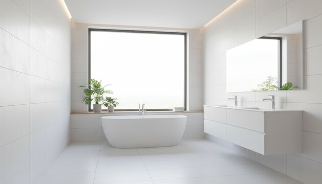 A bright and modern bathroom with a large window, bathtub, and double vanity.