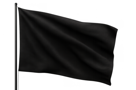 Blank black flag waving on flagpole in wind, symbolizing protest, anarchy, mourning or identity on transparent background