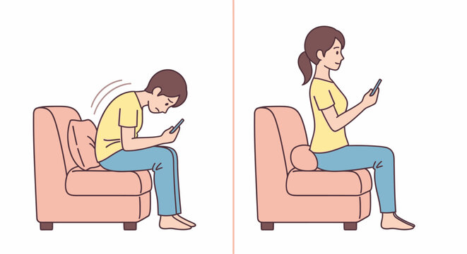 Illustration comparing incorrect slouching posture with correct upright posture while using a smartphone on a sofa.