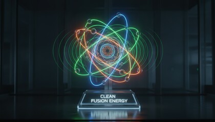 A vibrant depiction of an atom model, symbolizing clean fusion energy.