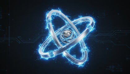A detailed digital rendering of an atom, with orbiting rings and energy effects.