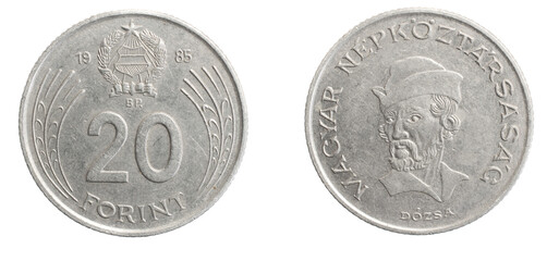 Hungary twenty forint coin on white isolated background