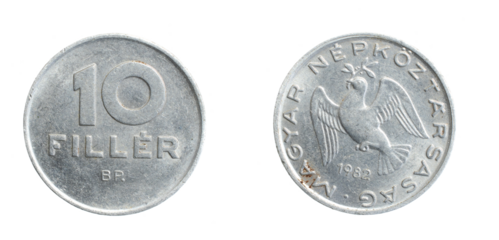 Hungary ten filler coin on white isolated background