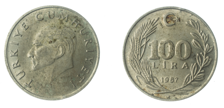 Turkey 100 lira coin on a white isolated background