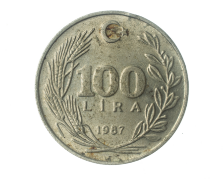 Turkey 100 lira coin on a white isolated background