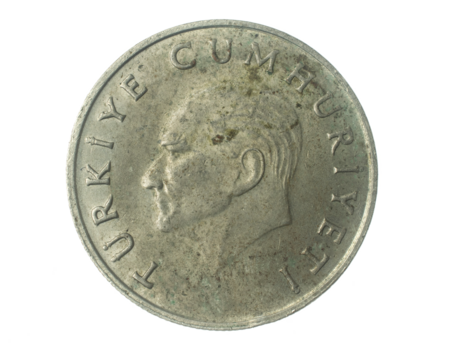 Turkey 100 lira coin on a white isolated background