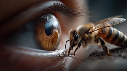 An extraordinary magnified view of a bee hovering near a human eye that captures incredible details, highlighting both the wonder of nature and human interaction with the microcosm surrounding us.
