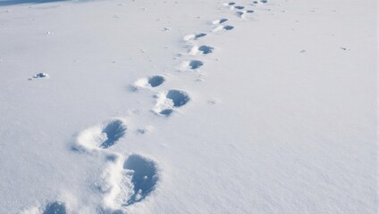 A perspective shot of footprints winding their way across a vast, pristine snow field