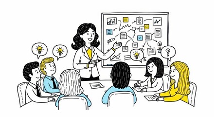 Team brainstorming session with visual presentation promoting creative solutions and cooperative