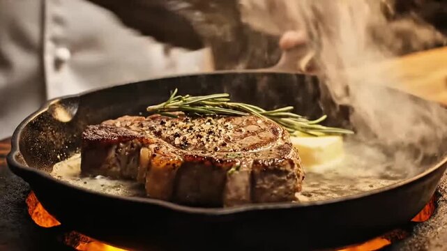 Dramatic steak searing with cinematic color contrast
