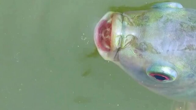 Tilapia Fish Gulping Air at Pond Surface Closeup