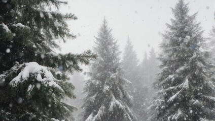 Naklejka premium Winter scene featuring evergreen trees with snow falling in a forest on a cloudy day