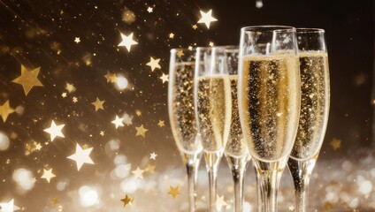 Close-up of champagne flutes with bubbles, sparkling stars against a blurred golden backdrop