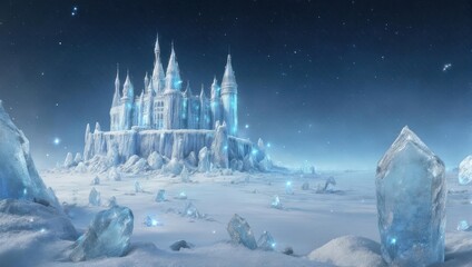 A majestic ice castle dominates a frozen landscape under a starry, twilight sky