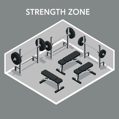 Isometric illustration of a gym strength zone with weightlifting equipment.