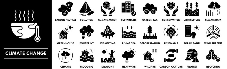 Climate Change glyph icon collection set. Containing design nature, environment, climate, ecology, global