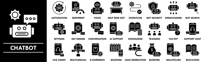 Chatbot glyph icon collection set. Containing design ai, support, chat, technology, robot, online