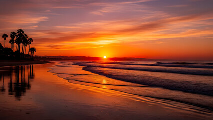 Stunning sunset ocean vista with palm trees casting long shadows, creating a tranquil beach escape perfect for travel inspiration and peaceful relaxation