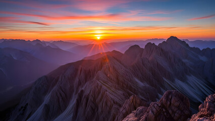 Stunning mountain range at sunrise evokes peaceful feeling of adventure and escape, ideal for travel, nature, and outdoor lifestyle campaigns, breathtaking scenery