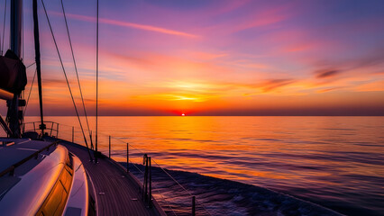 Sailboat gliding into a mesmerizing orange sunset for a luxury vacation or adventurous sea voyage, promising calm and serene ocean escape with stunning views