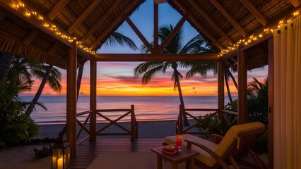 Blissful getaway: Sunset views from a tropical beach bungalow with cocktail in hand, unwind and recharge in paradise, escape to your dream vacation destination