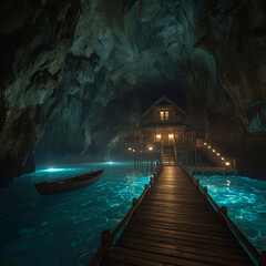 A stunning cave house retreat built above glowing turquoise water, illuminated by warm ambient lights that reflect off the rocky cavern walls.