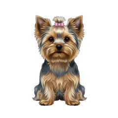 Adorable Yorkshire Terrier Puppy with Pink Bow Sits Patiently Against a Transparent Background Exuding Playfulness and Charm Detailed Realistic Fur Texture Captures the Breed's Distinctive Appearance