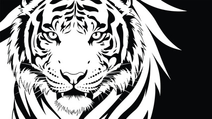 Intense, Roaring Bengal Tiger Head Black and White Vector Illustration, Detailed Graphic, Monochrome Stencil, Aggressive Feline, Wildlife Predator, Digital Flat Artwork, Power, Strength, Nature