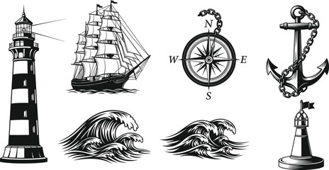 Nautical and Marine Themed Objects Vector Illustration Set, Lighthouse, Sailing Ship, Anchor with Chain, Compass Rose, and Ocean Waves, Vintage Engraving Style Graphics © MstShahanaz