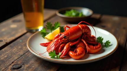 A delectable plate of succulent, vibrant red crustaceans, garnished with fresh lemon and parsley, sits elegantly on a rustic wooden table, accompanied by a glass of amber liquid.