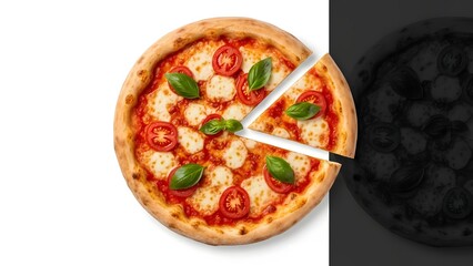 Food: Freshly Baked Margherita Pizza with One Slice Removed Isolated on White Background