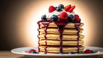 A delicious stack of golden pancakes topped with whipped cream, fresh mixed berries, and a rich berry syrup drizzled down the sides on a white plate.