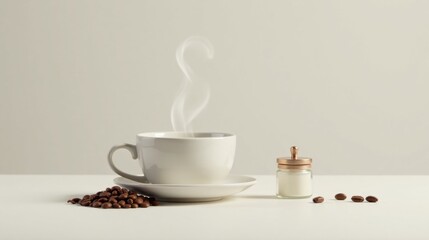 Aromatic Coffee Cup with Creamy Addition and Roasted Beans on a Subtle Background
