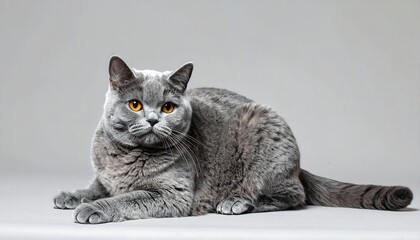 A beautiful, relaxed gray cat with striking orange eyes is lying down and looking directly at the viewer against a plain, light gray background
