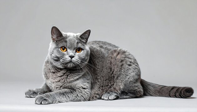 A beautiful, relaxed gray cat with striking orange eyes is lying down and looking directly at the viewer against a plain, light gray background