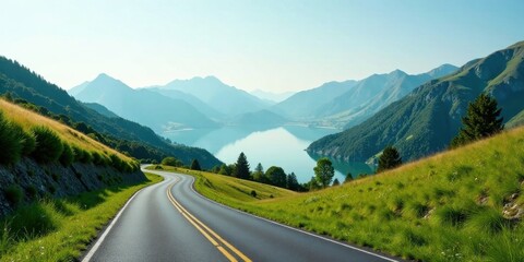 Serene mountain road winding along a picturesque lake with vibrant green hillsides under a clear sky