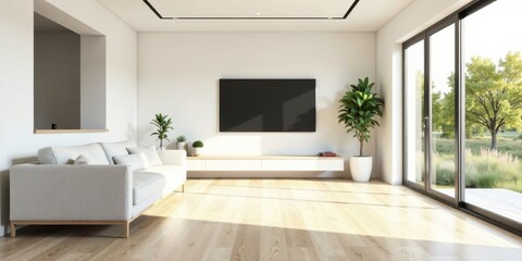 Modern minimalist living room design with a light beige sofa, large windows overlooking a tranquil landscape, and a sleek media console featuring a flat-screen TV