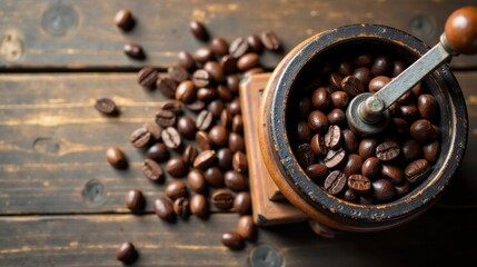 Aromatic Coffee Beans Being Ground in a Rustic Wooden Mill on a Dark Wooden Surface