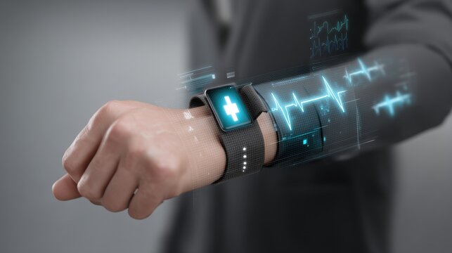 Futuristic Smartwatch with Health Monitoring Features Displayed on Human Wrist in Modern Digital Environment