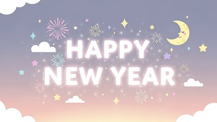 Naklejka premium Festive Happy New Year illustration with cartoon moon and stars