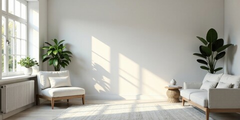 Sunlit Minimalist Living Room with Natural Elements and Ample Space