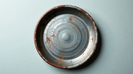 A weathered metallic dish with a concentric circular pattern and speckled rust accents rests on a pale blue surface.