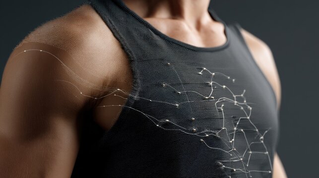Close-Up of Athletic Male Chest with Digital Technology Overlay Representing Fitness and Health Data Analysis