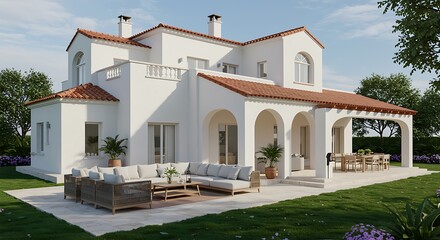 Fototapeta premium White Mediterranean villa with terracotta roof and outdoor seating house architecture