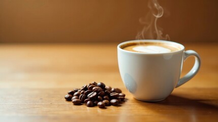 Aromatic Coffee Cup with Latte Art and Roasted Beans on Wooden Surface