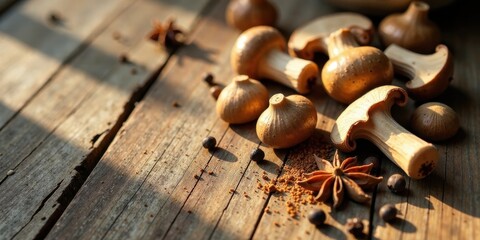 Rustic wooden surface with sunlit mushrooms, aromatic spices, and peppercorns