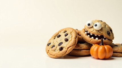 A delightful arrangement of chocolate chip cookies, playfully decorated to resemble a friendly monster, sits beside a miniature pumpkin, creating a festive autumnal scene.