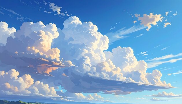 A vibrant, anime-style depiction of a bright daytime sky filled with fluffy, voluminous clouds, lit by golden light