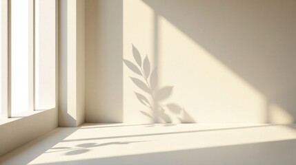 Serene Minimalist Room Interior with Sunlight and Leaf Shadow Projection on Wall